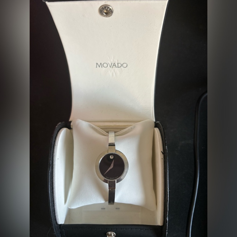 MOVADO Bela Silver Bangle Bracelet Watch with Black Dial